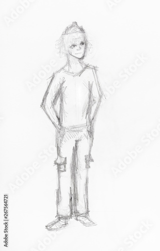 sketch of boy in casual clothes by pencil
