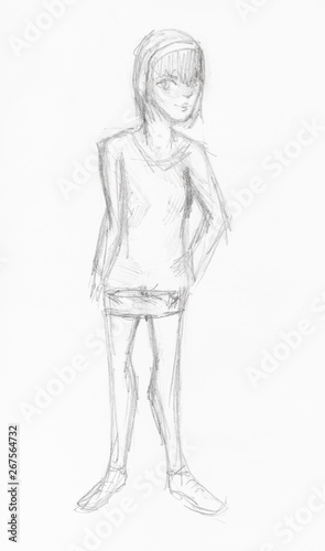 sketch of girl in short sport suit by pencil