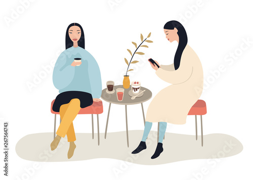 Wallpaper Mural Two beautiful women talking friendly at coffee shop while drinking and eating desserts , vector illustration on wite background Torontodigital.ca
