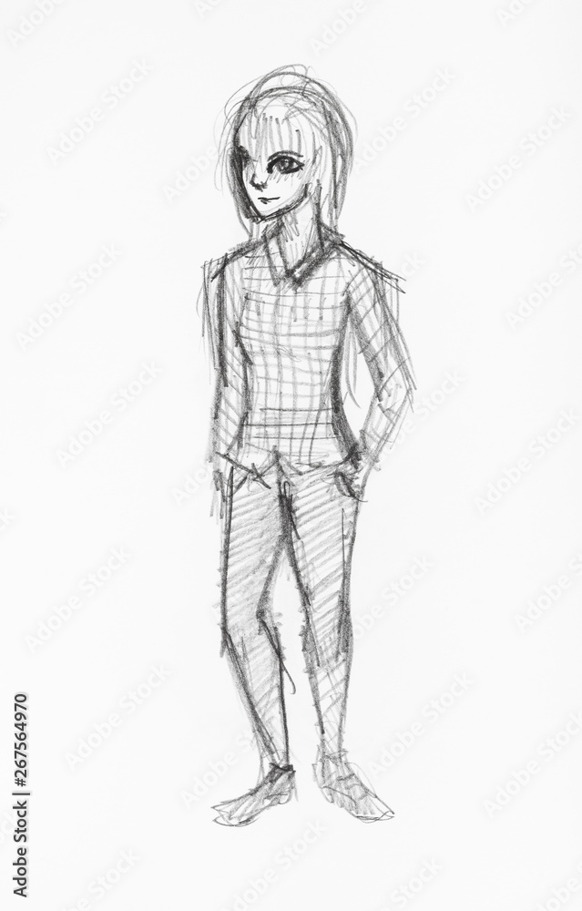 sketch of happy teenager with in plaid shirt sketch of happy teenager with in plaid shirt