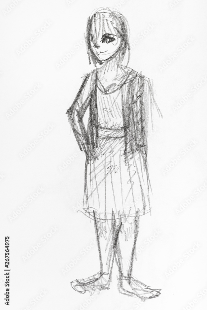 sketch of happy teenager in ragged clothes
