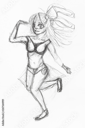 sketch of running girl with long hair in swimsuit