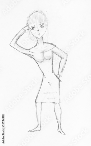 sketch of dancing girl hand drawn by black pencil