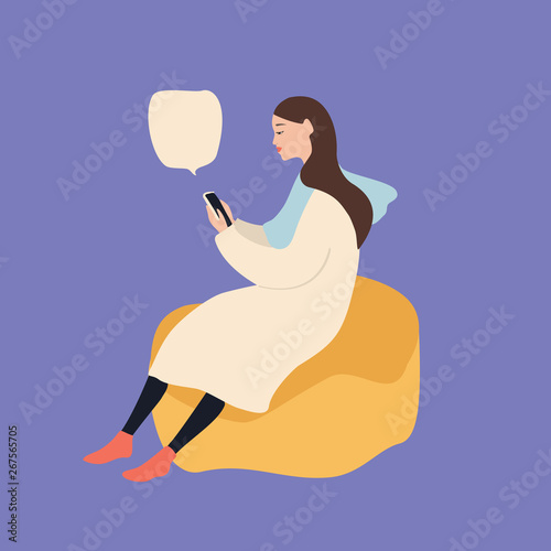 Beautiful caucasian woman sitting on a puff chair using smartphone, vector illustration on blue background