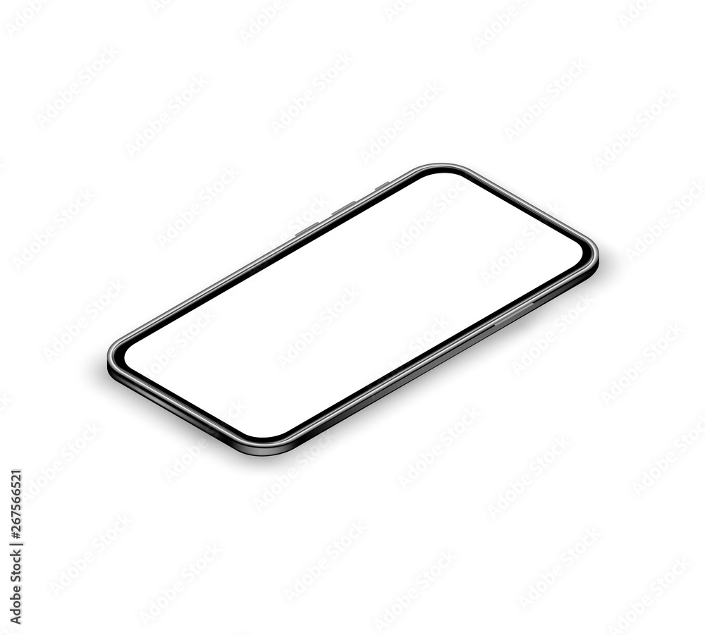 Realistic isometric smartphone concept. Mobile phone mockup with blank touchscreen on white background. Banner for digital marketing, promotion, advertising, mobile app. Flat vector illustration Realistic isometric smartphone concept. Mobile phone mockup with blank touchscreen on white background. Banner for digital marketing, promotion, advertising, mobile app. Flat vector illustration