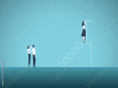 Business ambition and motivation vector concept with businesswoman drawing steps and flag. Symbol of goals, plans, emancipation, success, vision and career progress.