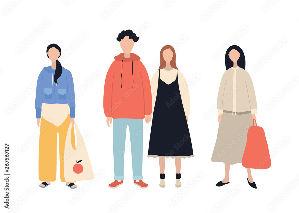 Group of stylish cartoon characters wearing casual clothes men and women isolated on white background Group of stylish cartoon characters wearing casual clothes men and women isolated on white background
