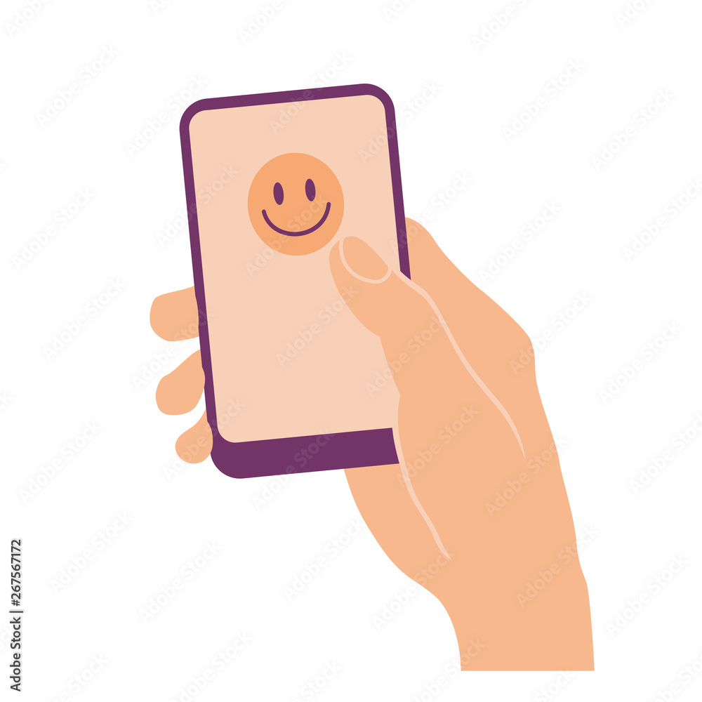 Hand holding and pointing on mobile phone with happy face on screen. Flat design isolated on white.