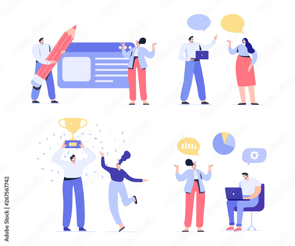 Creative team characters. Join our team concept. Discussion people. Team thinking and talking. Flat vector illustration. Creative team characters. Join our team concept. Discussion people. Team thinking and talking. Flat vector illustration.