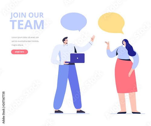 Creative team characters. Join our team concept. Discussion people. Team thinking and talking. Flat vector illustration. 