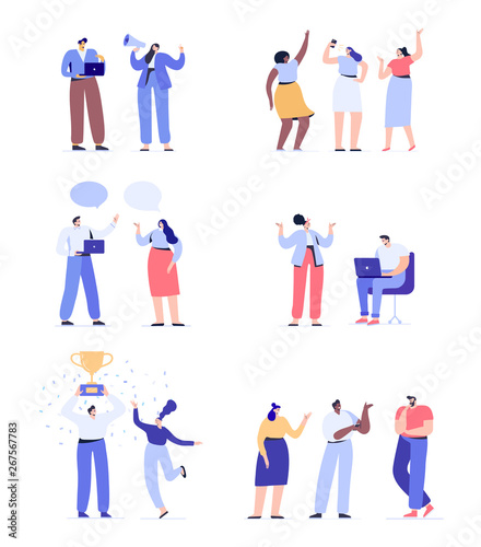 Creative team characters.  Join our team concept. Discussion people. Team thinking and talking. Flat vector illustration. 