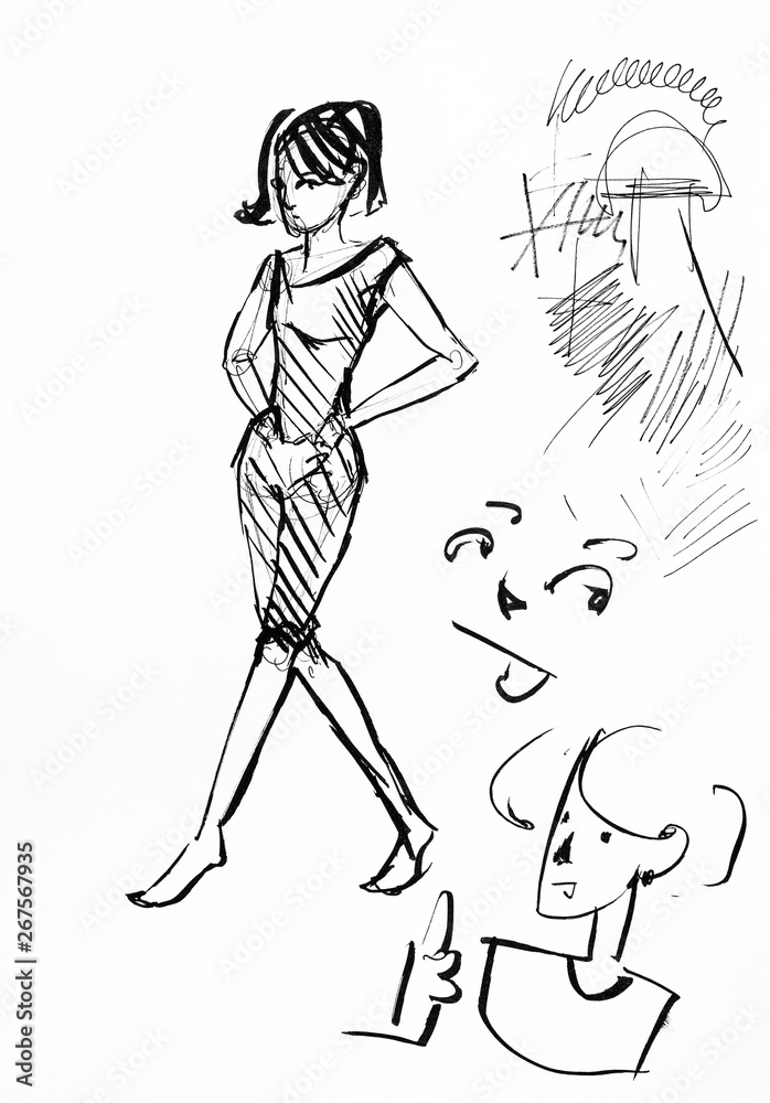 sketches of walking girl and female faces by ink
