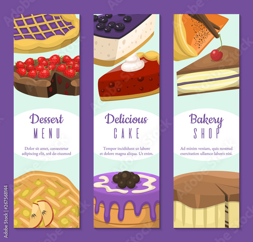 Cake shop set of banners or cards vector illustration. Chocolate and fruity desserts for cake shop with cupcakes, cakes, pudding, berry biscuits, whipped cream, beries glaze and sprinkles.