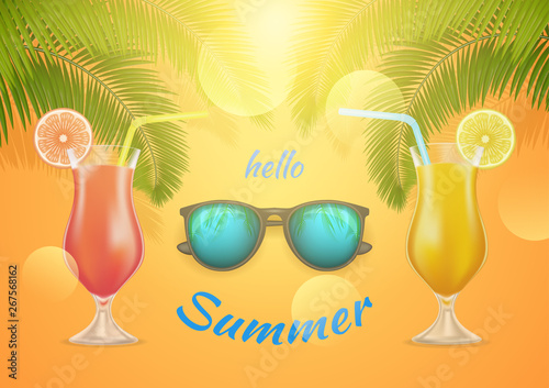 Hello Summer banner with a cocktail, sunglass and palm branch. Happy bright summer season concept in yellow background. Vector Stock Illustration.