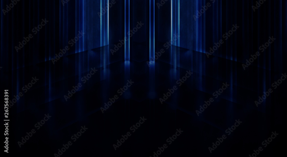 Concept of dark night tunnel, room and blue neon light. Abstract tunnel, stairs up, dark background with blue light rays. 3D illustration