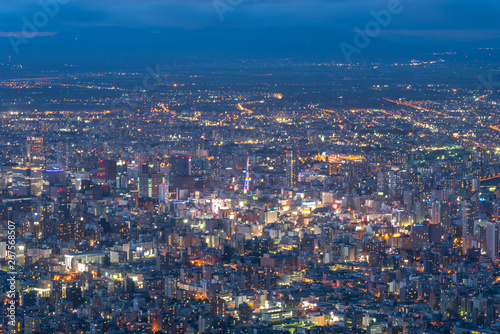 Night cityscape view of Sapporo city from Mountain Moiwa observation. The most popular tourist destinations viewpoint for tourism. Sapporo  Hokkaido  Japan.