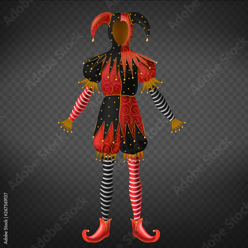 Joker or jester costume isolated on transparent background. Playing card, comedian or Venice masquerade character. Red and black suit with stripped ornament and bells. Realistic 3d vector illustration