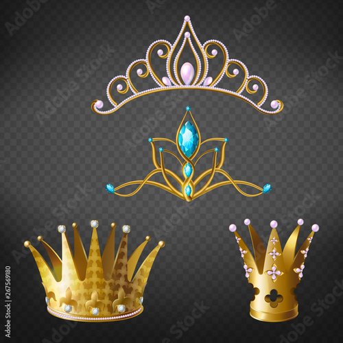 Crown, tiara, golden diadem for princess or queen set isolated on transparent background. Royal crowning headdress with gems for Monarch. Gold monarchy medieval coronation symbol, imperial sign