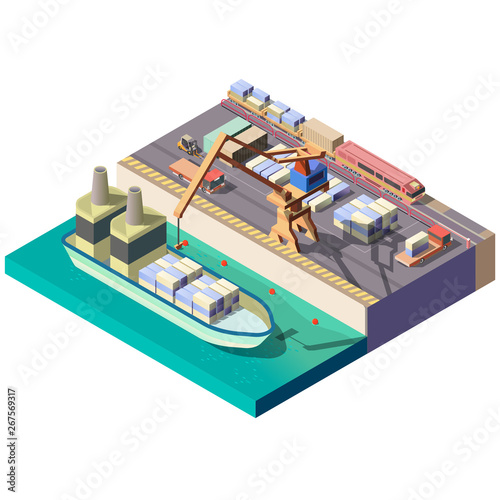 City port, industrial cargo terminal isometric vector map design element isolated on white. Trucks, train transporting goods on quay, crane loading, unloading containers on ship low poly illustration