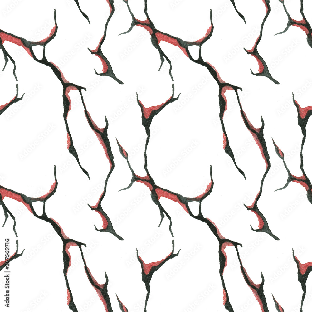 Fototapeta premium Abstract red and black wall crack seamless watercolor pattern