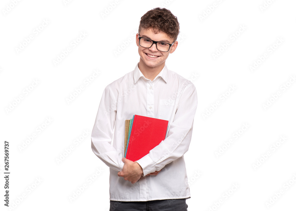 Beautiful Teen Girl Student making Thumbs up Gesture. Portrait of caucasian Smiling Teenager isolated on white background. Happy child looking at camera.