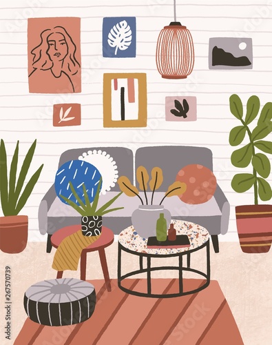 Interior of modern house with couch, coffee table, pendant light, ottomans, wall pictures. Cozy living room or apartment furnished in trendy Scandic hygge style. Flat colorful vector illustration.