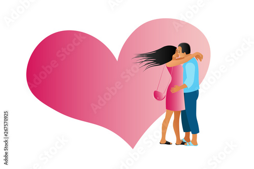 The lovers man and woman romantically hug and kiss against the background of a large pink heart. Template, place for text, flat style, vector illustration on white background.