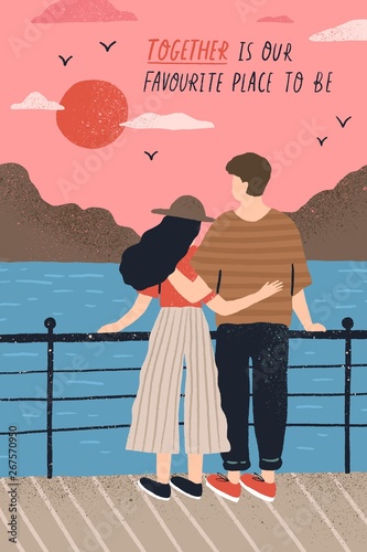 Postcard template with adorable couple in love standing on embankment and watching sunset and romantic quote. Young man and woman on date. Flat cartoon vector illustration for St. Valentine's day.