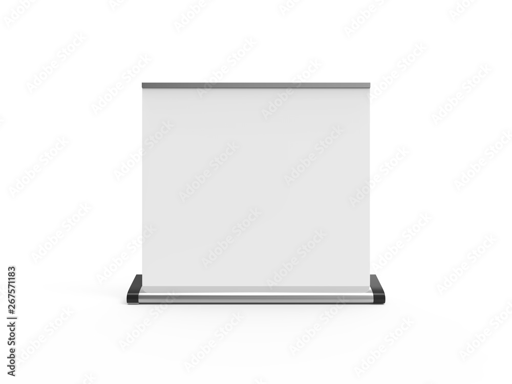 White wide blank roll-up banner mockup on isolated white background, showcase your design and layouts for exhibition or presentation, 3d illustration