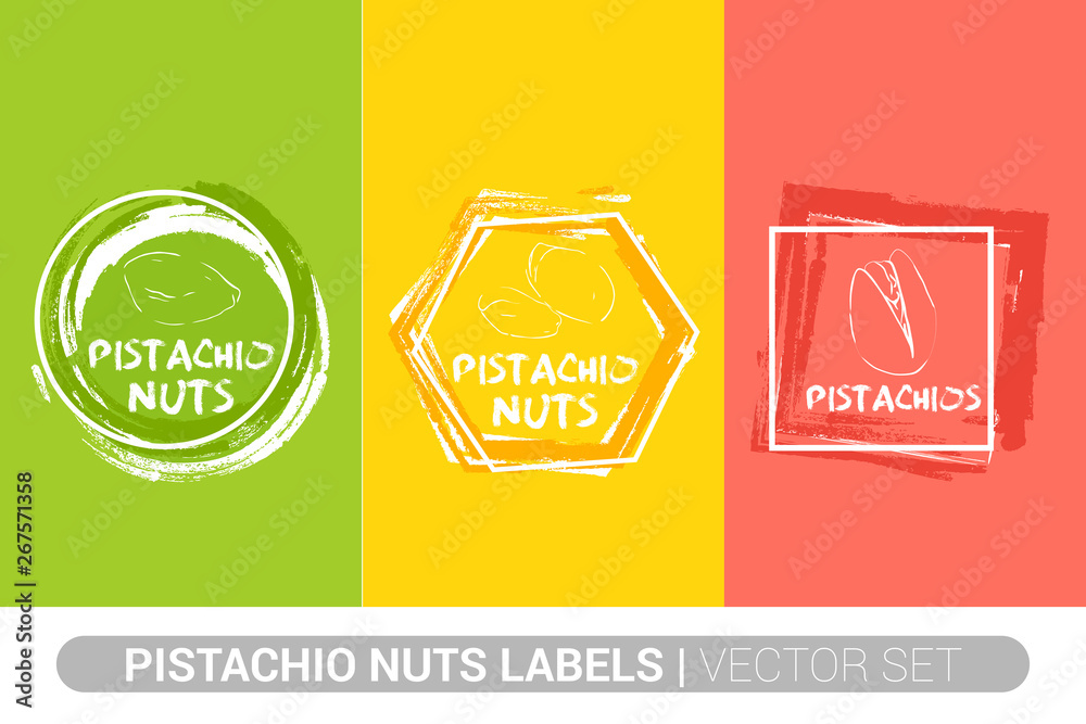 Pistachio nuts colorful label set. Raw organic pistachios Badge shapes