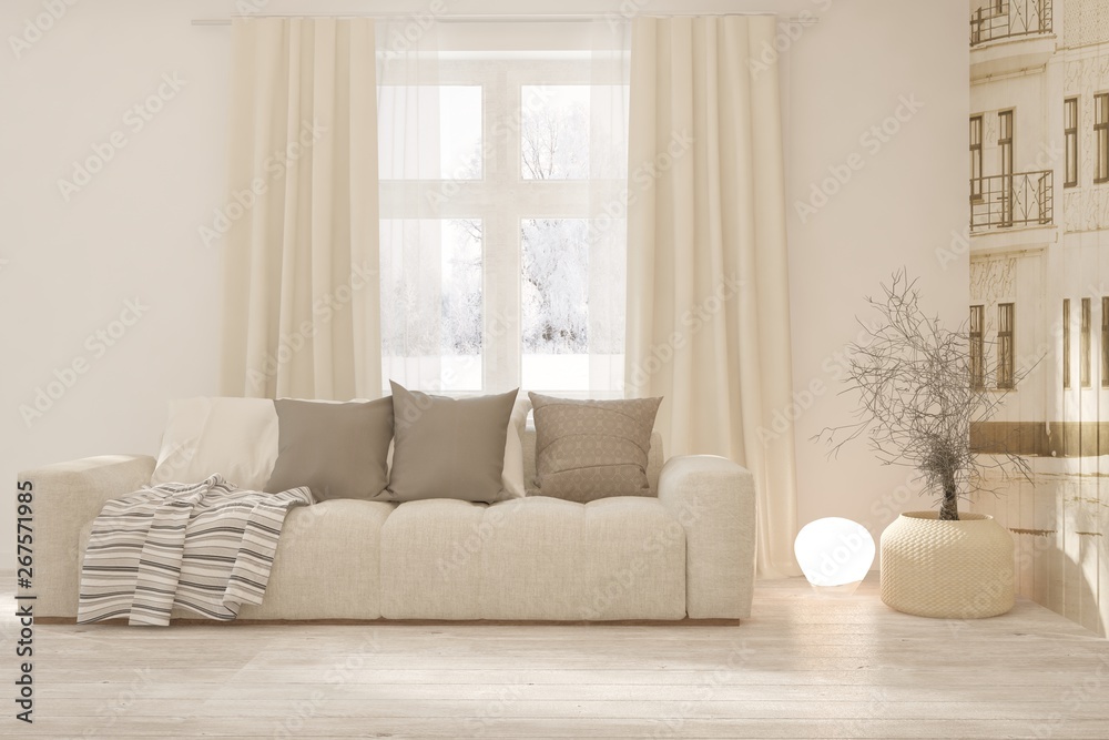 Fototapeta premium Stylish room in white color with sofa. Scandinavian interior design. 3D illustration