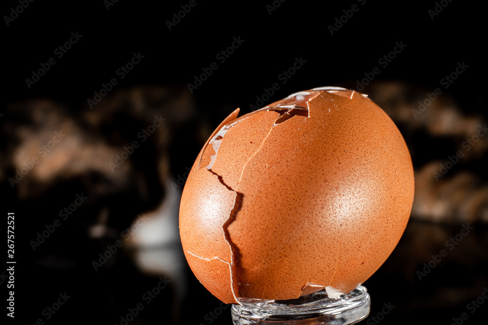 Cracked egg shells . Broken egg on a black background. The concept of damage. Cracked egg shells . Broken egg on a black background. The concept of damage.