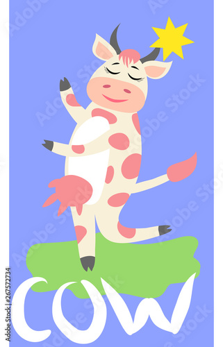 Cute happy cow with golden bell having fun, funny farm animal cartoon character
