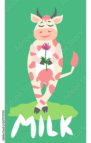 Cute happy cow with golden bell having fun, funny farm animal cartoon character