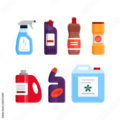 Set of cleaning tools, detergent and disinfectant products, household equipment for washing. Flat vector illustration isolated on white background