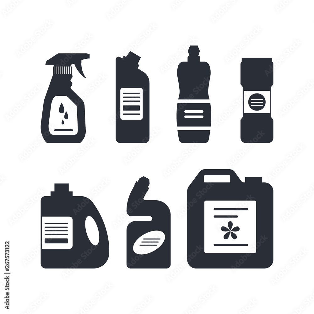 Set of cleaning tools in monochrome color, detergent and disinfectant products, household equipment for washing. Flat vector illustration isolated on white background Set of cleaning tools in monochrome color, detergent and disinfectant products, household equipment for washing. Flat vector illustration isolated on white background