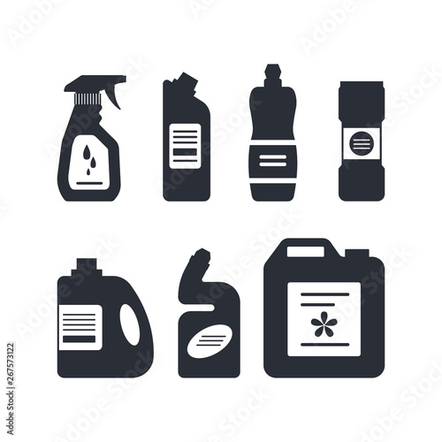Set of cleaning tools in monochrome color, detergent and disinfectant products, household equipment for washing. Flat vector illustration isolated on white background