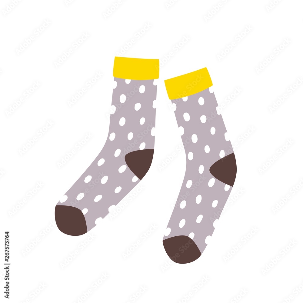 Pair of cute stylish dotted socks isolated on white background. Hand-knitted warm woolen apparel or accessory in Hygge style. decorative design element. Flat cartoon colorful vector illustration. Pair of cute stylish dotted socks isolated on white background. Hand-knitted warm woolen apparel or accessory in Hygge style. decorative design element. Flat cartoon colorful vector illustration.