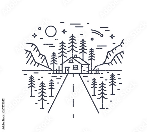 Round composition with highway leading to lodge, house or hut in woodland surrounded by spruce trees and mountains drawn with contour lines