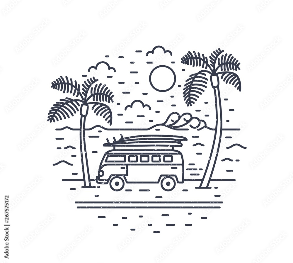 Monochrome composition with camper trailer or campervan, exotic palm trees, sea and sun drawn with contour lines. Summer vacation, road trip to tropics. Vector illustration in modern linear style.
