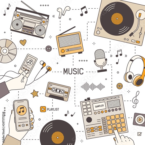 Square banner template with hands and devices for music playing, recording and listening - radio receiver, boombox, player, microphone, headphones, turntable. Vector illustration in linear style.