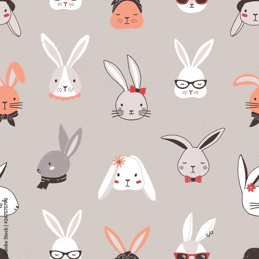 Seamless pattern with rabbit faces on grey background. Backdrop with heads of funny bunnies or hares wearing glasses, sunglasses, hat, scarf, headscarf, bow tie. Flat cartoon vector illustration. Seamless pattern with rabbit faces on grey background. Backdrop with heads of funny bunnies or hares wearing glasses, sunglasses, hat, scarf, headscarf, bow tie. Flat cartoon vector illustration.