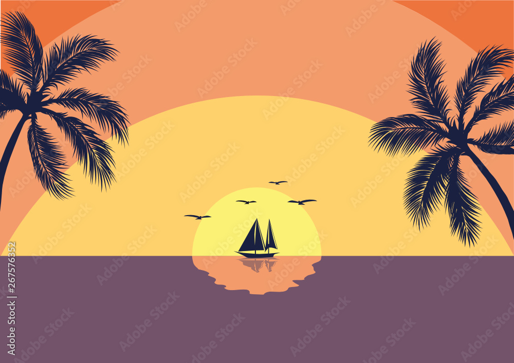 Summer background. The beach and the tropical sea with the setting sun. Template for poster, banner, web. Vector illustration
