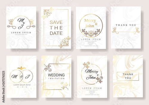 Set of Wedding invitation Card,save the date thank you card with floral and leaves, border and frame on marble background for printing, badge.vector illustration