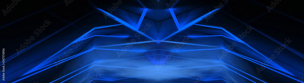 Obraz premium Tunnel in blue neon light, underground passage. Abstract blue background. Background of an empty black corridor with neon light. Abstract background with lines and glow
