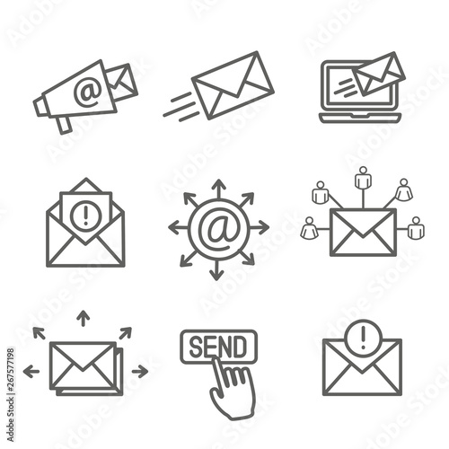 Email marketing campaigns icon set with email list, announcement, send button