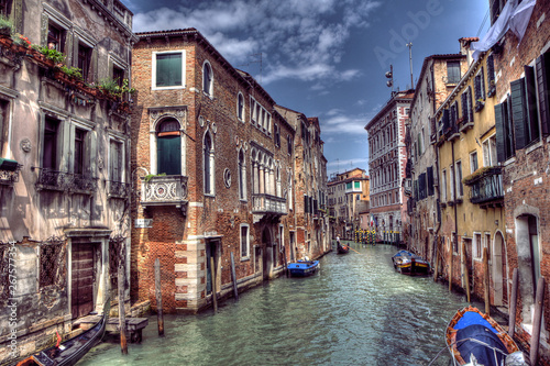Boats & Gondola down a street canal off the Grand Canal in Venice, Italy - Image