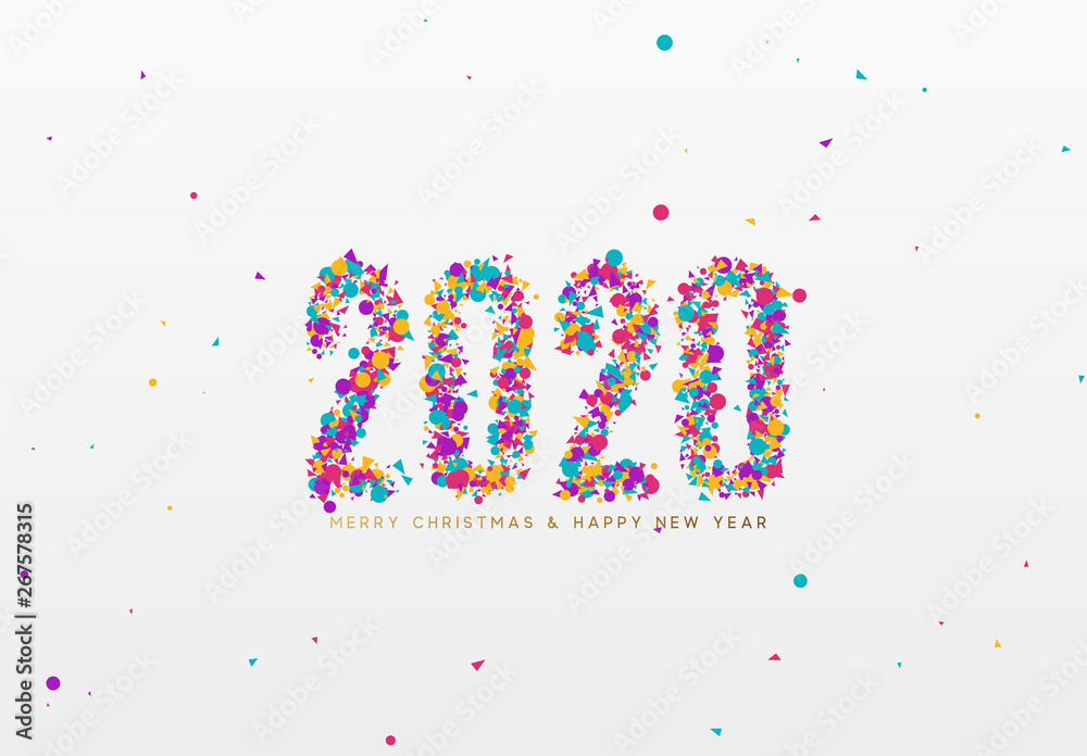 2020 New Year. Text of shiny colorful confetti, tinsel sparkles with bright serpentine.