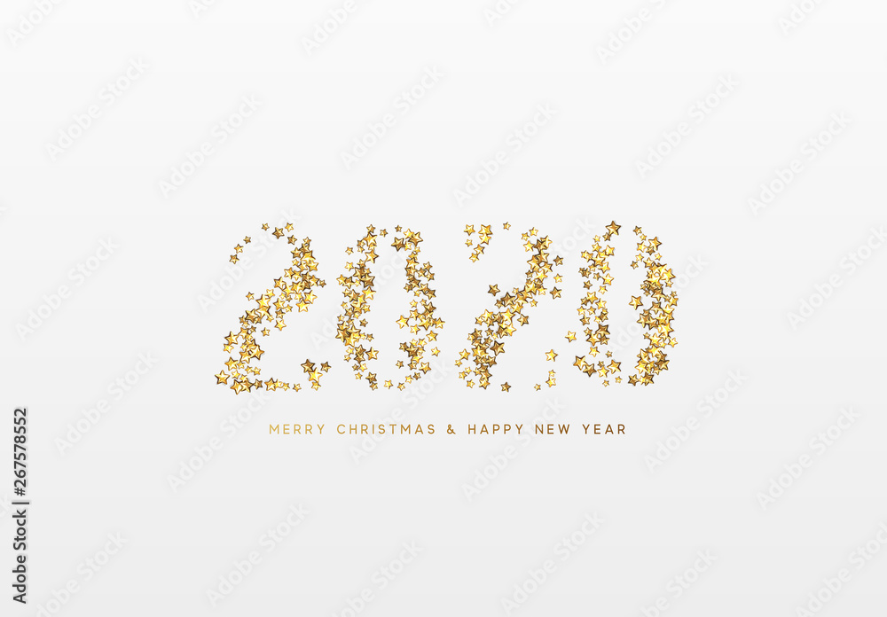 2020 New Year. Text of shiny golden confetti, tinsel sparkles with bright stars.