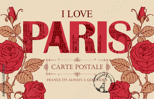 Retro postcard with words I love Paris and rubber stamp with Eiffel tower. Vintage vector card with contour drawings of the famous French architectural landmarks and red roses